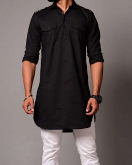 Black Colour Two Pocket  Kurta with  Pajama