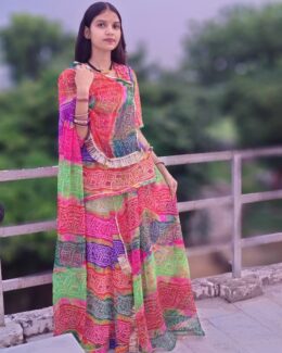 Vibrant Pachrangi Jorjat Chunri Bhandhej Print Suit with Gotta Kiran Border